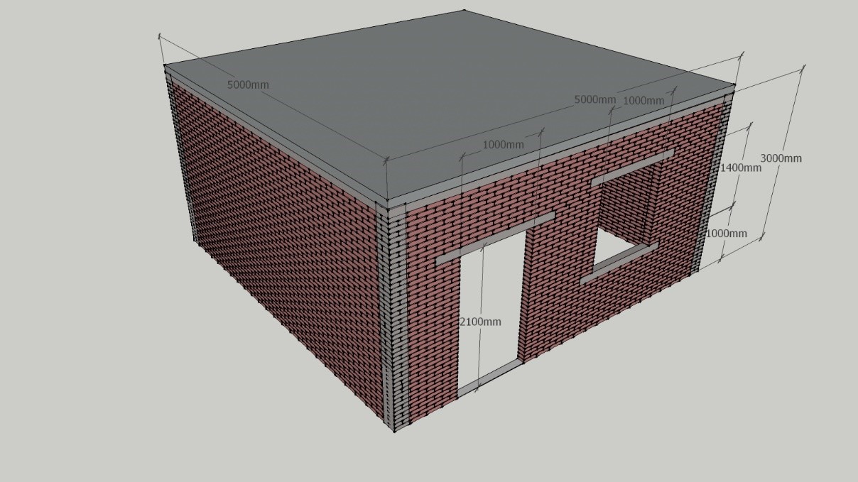 Vereinfachte Darstellung eines Hauses mit einer Tür und einem Fenster als 3D-Grafik mit Bemaßung. 