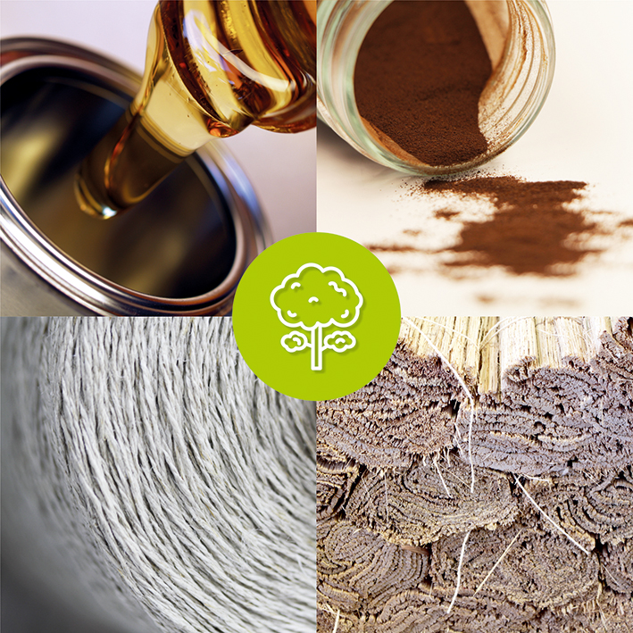 Photomontage with close-up images of various organic raw materials such as lignin powder and natural-fiber yarn.