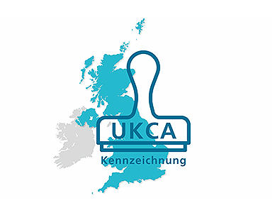 Die Computergrafik zeigt eine einfache geografische Darstellung Großbritanniens und einen Stempel mit der Aufschrift »UKCA-Kennzeichnung«.