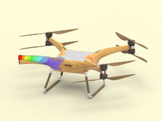 Die 3D-Computergrafik zeigt ein Fluggerät mit vier Armen (Quadcopter). 