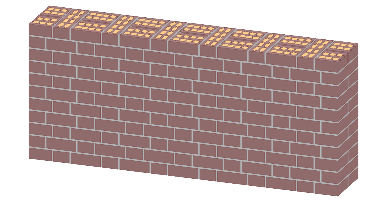 3D-Grafik einer Wand mit mauerwerksartiger Struktur. Die Hohlräume der einzelnen Steine zeigen eine gelbe Füllung.