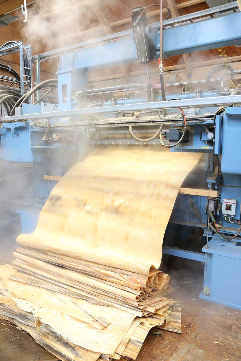 Das Foto zeigt eine raumhohe, komplexe technische Anlage mit diversen Schläuchen. Im mittleren Bereich schießt ein etwa 1,5 Meter breites Endlosfurnier heraus. Auf dem Hallenboden bildet sich ein Haufen grob gefaltetes Furnier.