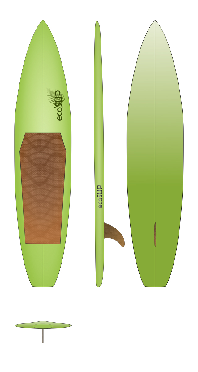Grafische Darstellung eine Stand-up-Paddleboards mit vier Ansichten: von oben, von der Seite, von unten und von vorne.