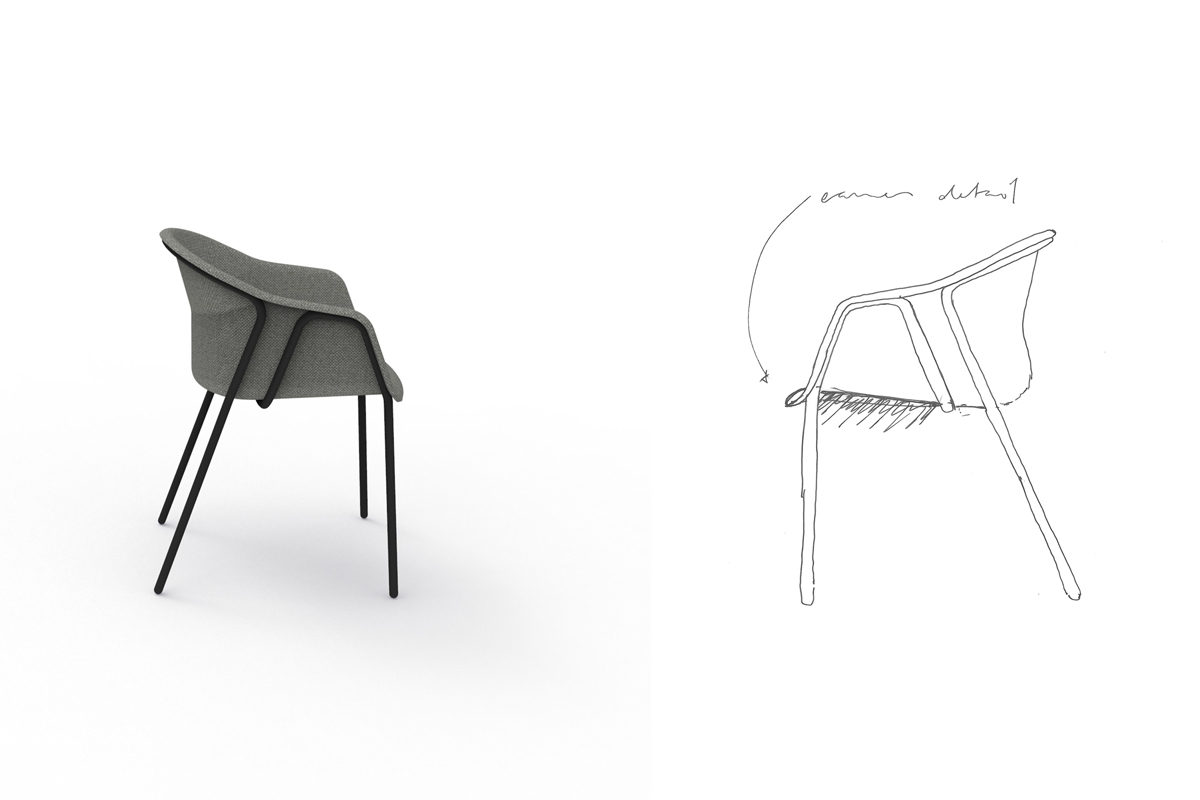 ndzeichnung und Computervisualisierung eines Stuhls, der aus einer Sitzschale und einem Metallgestell mit vier Füßen besteht.