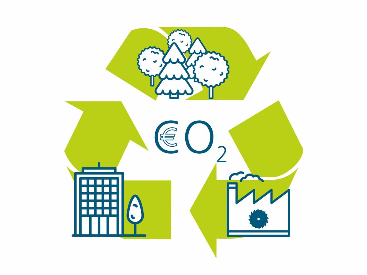 Das grafische Bezugsdiagramm zeigt die drei Stationen Wald, Fabrik, Gebäude als Teil eines Kreislaufs. Die Darstellung des Kreislaufs entspricht dem allgemein üblichen Recyclingsymbol. In der Mitte des Kreislaufs steht »CO2« und das Euro-Symbol.