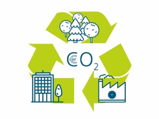 Das grafische Bezugsdiagramm zeigt die drei Stationen Wald, Fabrik, Gebäude als Teil eines Kreislaufs. Die Darstellung des Kreislaufs entspricht dem allgemein üblichen Recyclingsymbol. In der Mitte des Kreislaufs steht »CO2« und das Euro-Symbol.