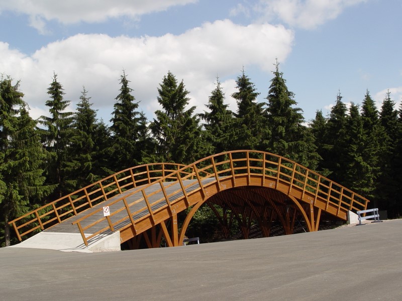 Das Foto zeigt eine Brücke auf einer schneefreien Biathlonstrecke. Die tragende Konstruktion und das Geländer bestehen aus Holz.