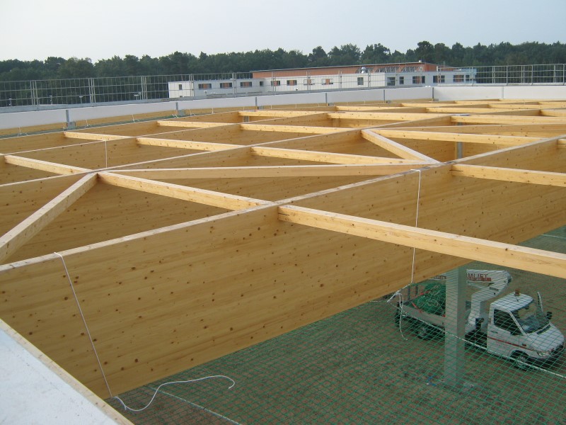Das Foto zeigt eine im Bau befindliche Halle von oben. Das Dach besteht aus einer Holzkonstruktion mit ca. 1 Meter hohen Trägern und dünneren, teils diagonal verlaufenen Querverstrebungen.
