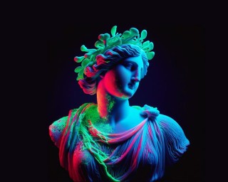 Die 3D-Computergrafik zeigt eine klassische griechische Büste aus weißem Material vor schwarzem Hintergrund. Die Oberfläche der Büste schimmert in leuchtenden Grün- und Rottönen. 