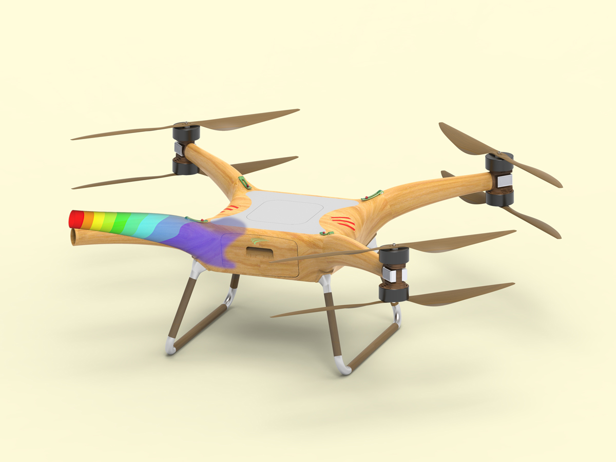 Nachhaltiger Multicopter aus Bio-Werkstoffen Die 3D-Computergrafik zeigt einen Multicopter mit vier Armen, an denen jeweils zwei Rotorblätter montiert sind.
