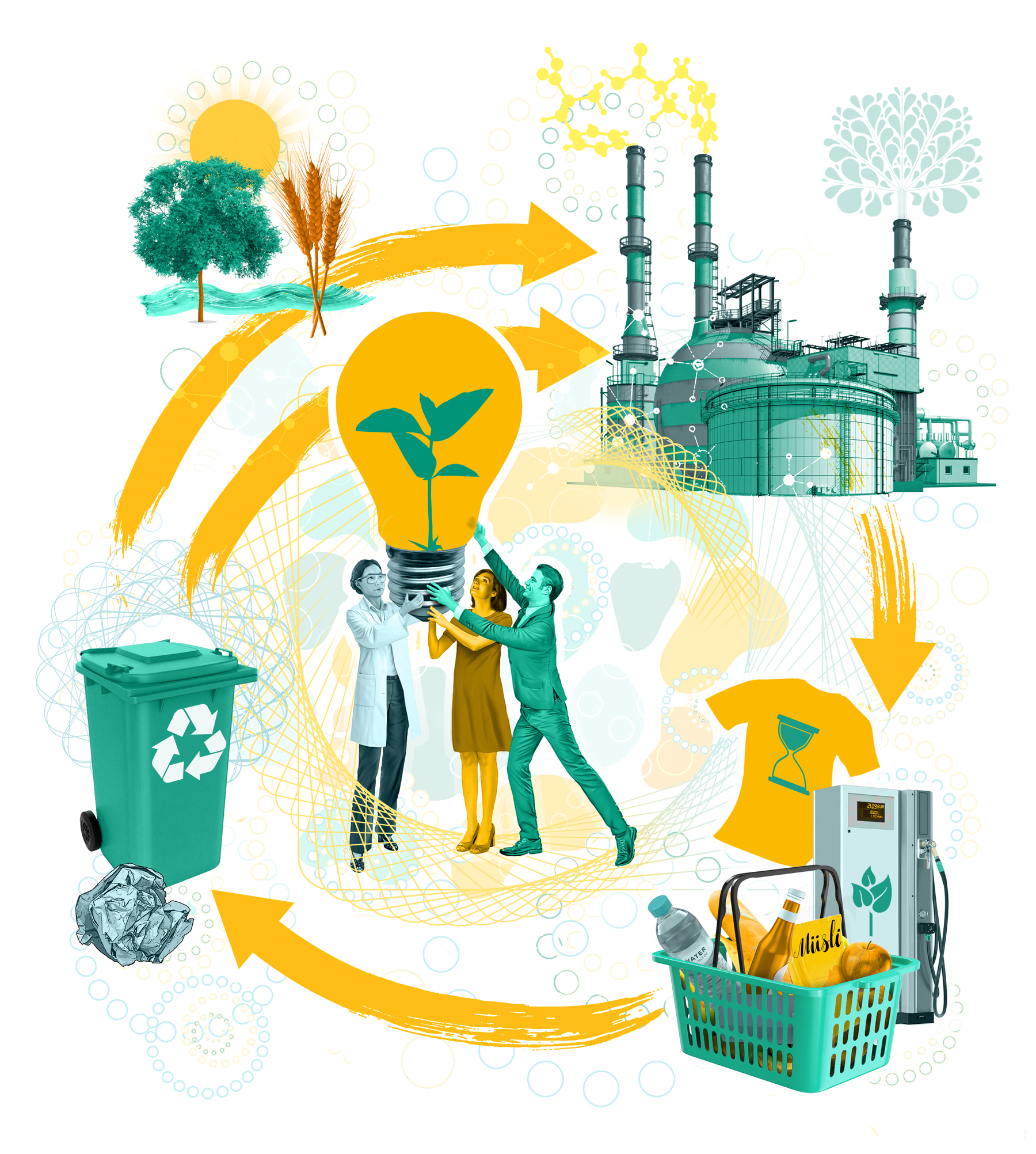 Bioökonomie-Roadmap (Key Visual) Die Computergrafik zeigt einen Produktkreislauf mit den bildlich dargestellten Stationen Rohstoffe, Produktion, Handel, Recycling.