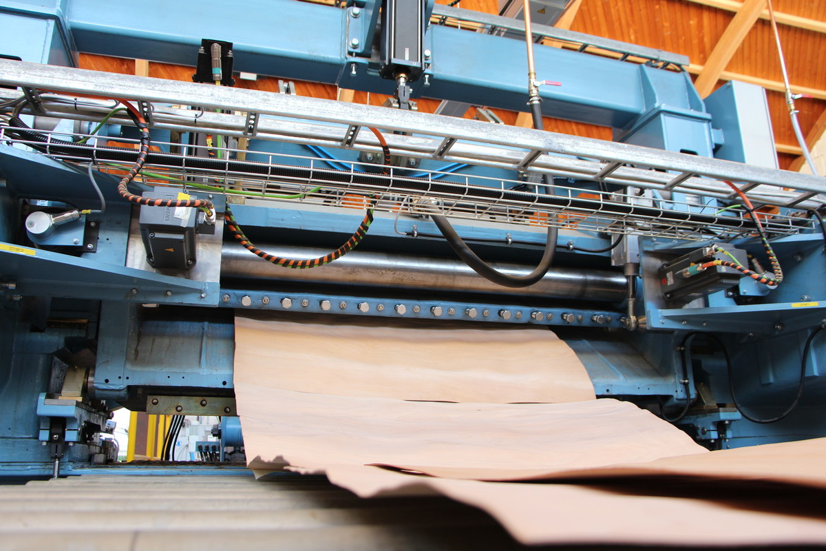 Das Foto zeigt eine etwa mannshohe Maschine, aus der eine etwa 1 Meter breite Holzfurnierbahn über Rollen herausläuft. 