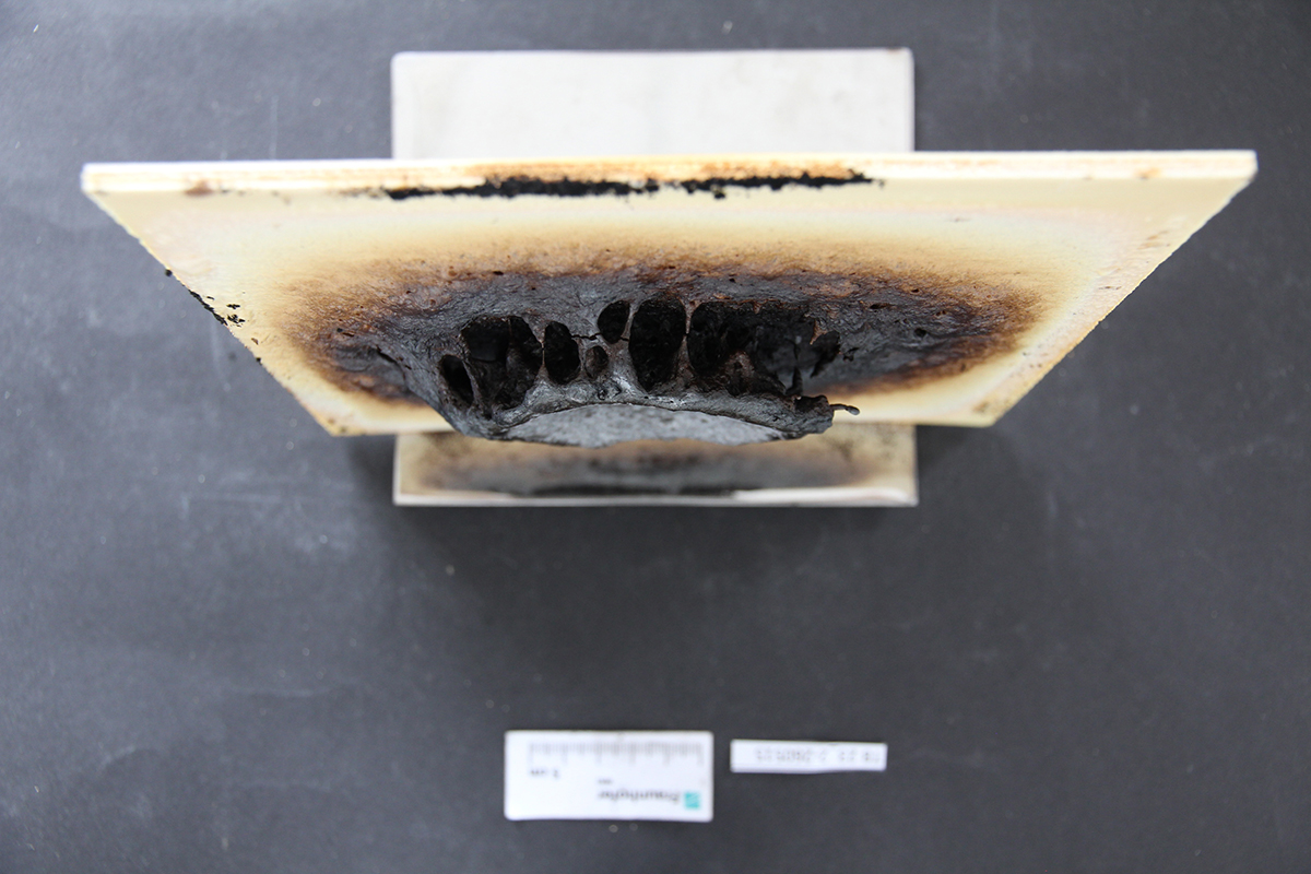 An approximately 20 x 20 cm piece of wood-based panel from which a circular, foam-like structure rises in the center, which is heavily charred black.