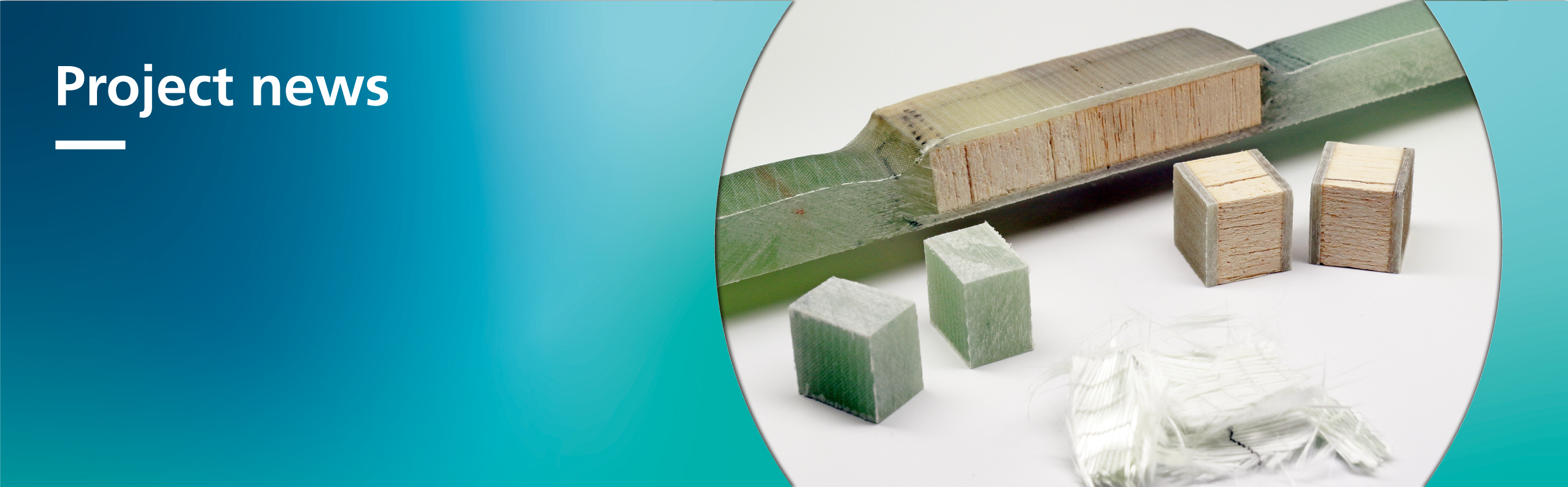 The photo shows, lying next to one another: a small piece of white glass-fiber fabric, and balsa-wood blocks that are embedded in a greenish plastic layer.