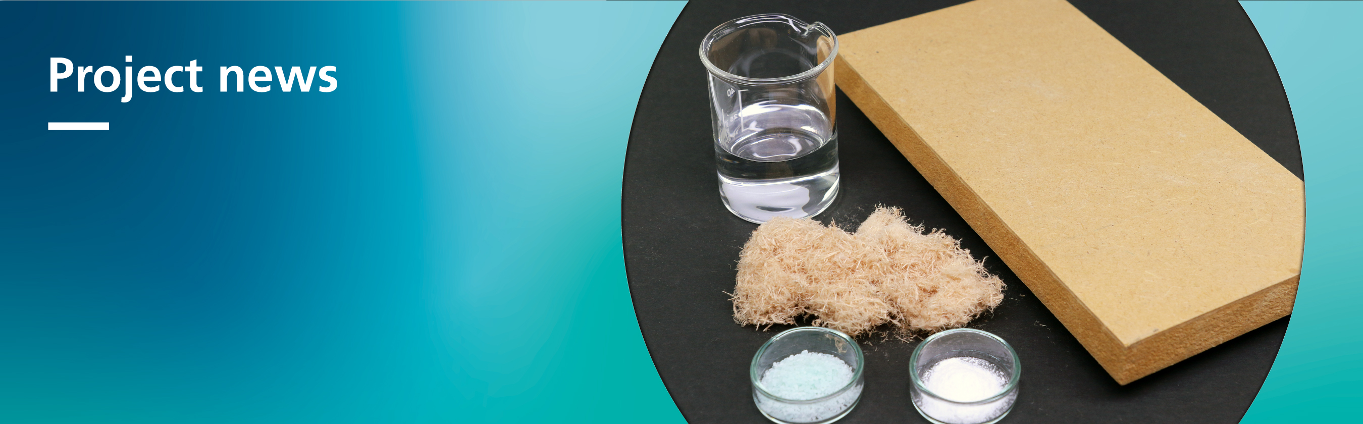 The photo shows a small piece of MDF, a small pile of wood fibers, a laboratory beaker containing a colorless liquid, a small laboratory dish containing pale-blue powder and a laboratory dish containing white powder.