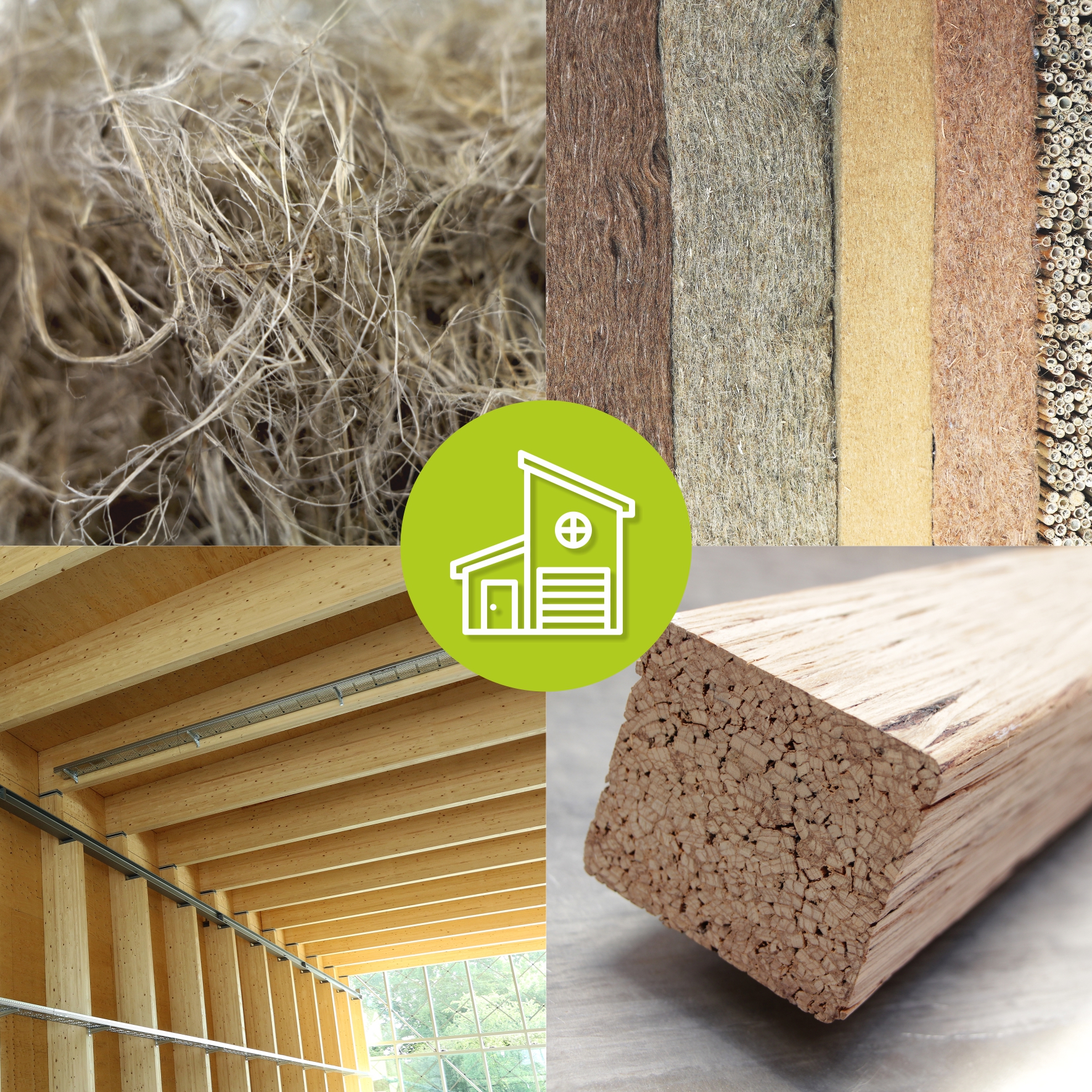 Natural fibers and wood-based materials for the construction industry The image shows, clockwise from top left: hemp fibers, insulation mats, square timber, and an interior room constructed from wood. In the center is a graphic representation of a house.
