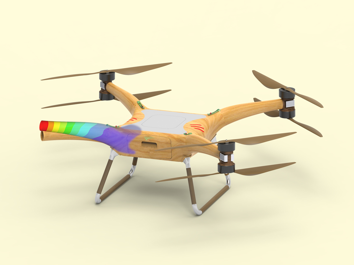 The 3D computer graphic shows a multicopter with four arms, each of which has two rotor blades mounted on it. 