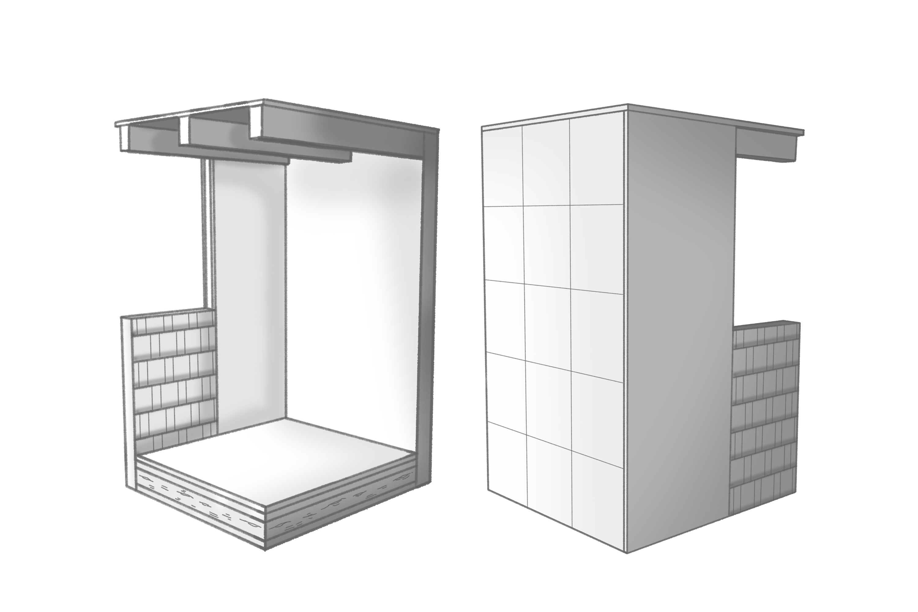 The 3D computer graphic shows the corner of a room with a cross-section of the wall, ceiling and floor.  