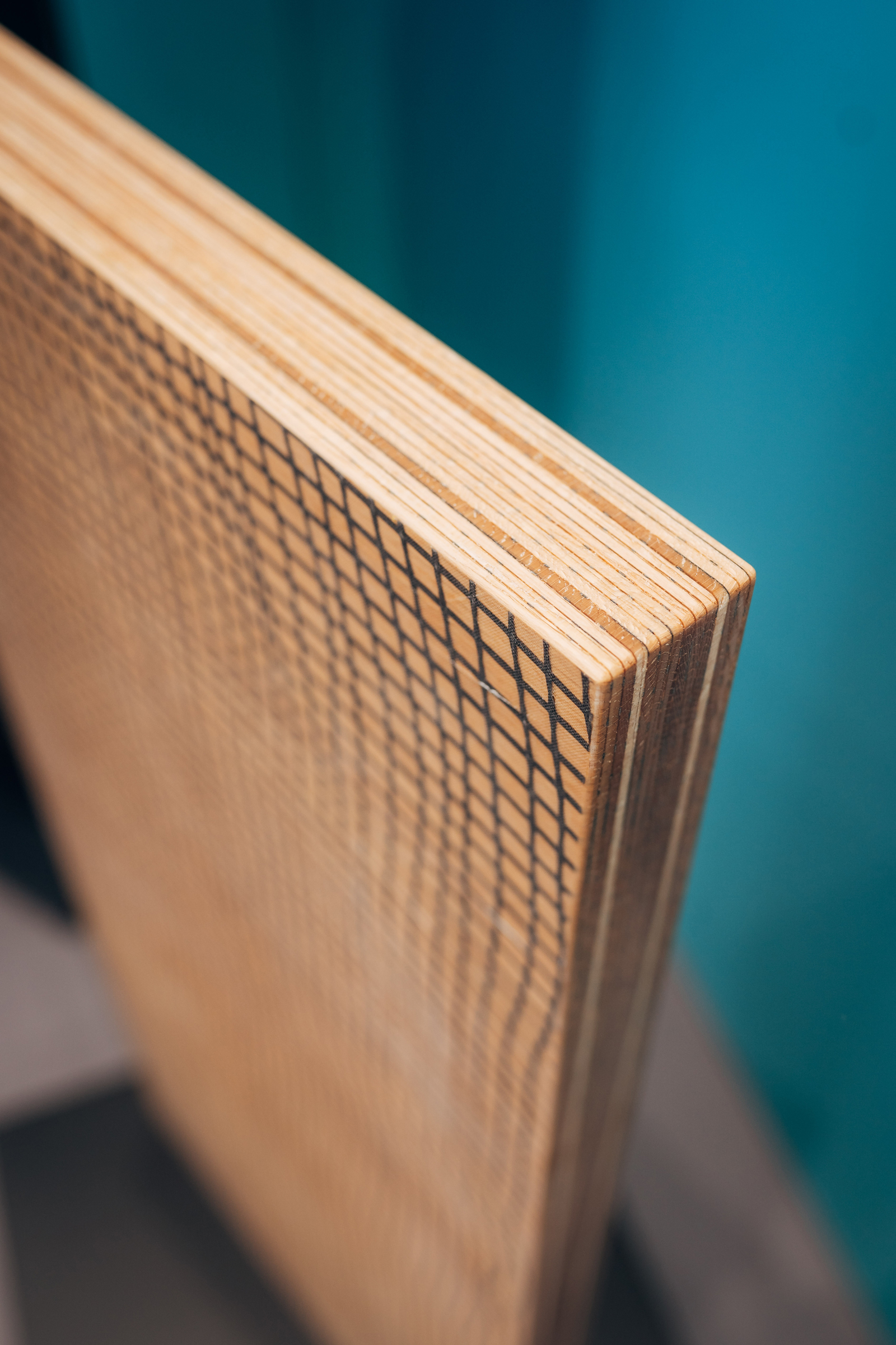 Hybrid layered material The photo shows a panel made of layers of veneer glued together. On the underside is a textile, net-like fabric.