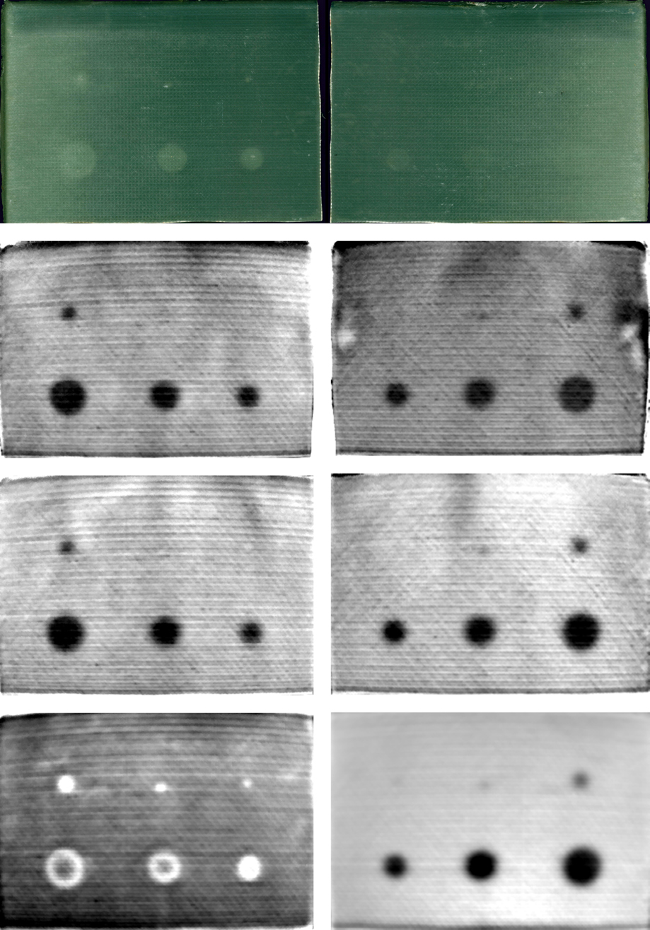 The illustration shows images of eight samples, two per row. The two images in the top row are greenish, whilst the three following rows are shaded in gray.  All images show up to six punctiform structures of differing sizes at the same respective position. The perceptibility and representation varies from image to image. 