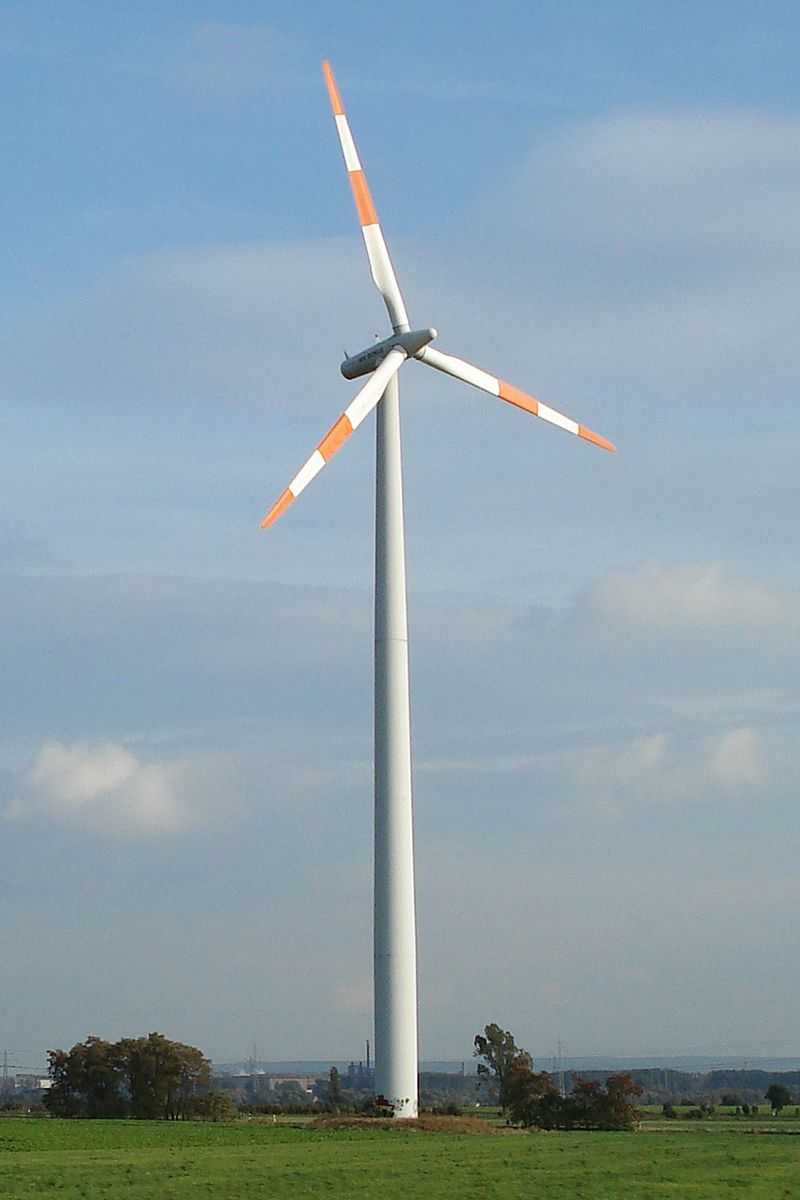 Foto einer Windenergieanlage (»Windrad«) auf einer grünen Wiese vor blauem Himmel.