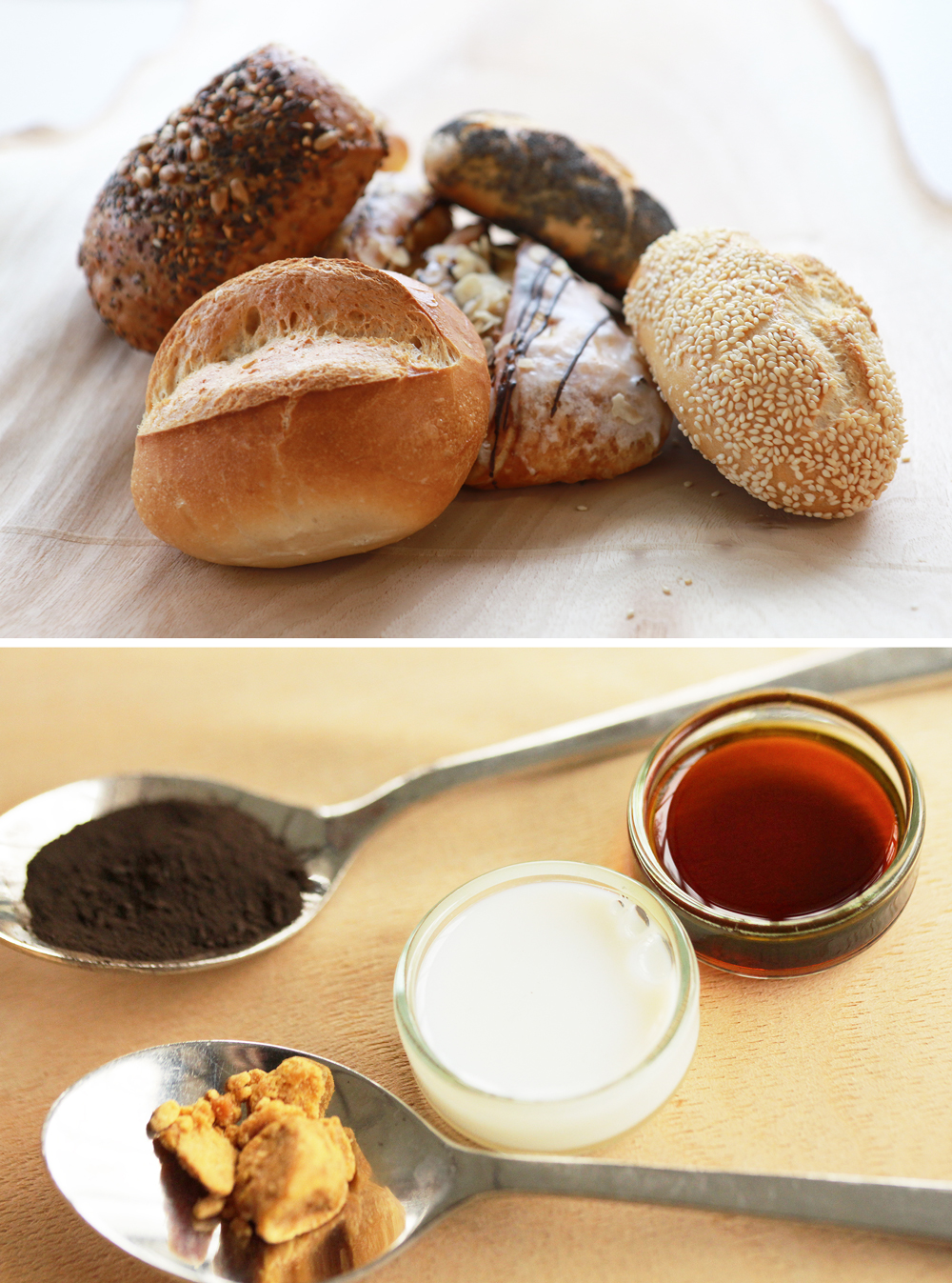 The left section of the image shows a pile of old bakery products. To the right of this are a spoon with a dark brown powder, a spoon with pale brown lumps, a small glass bowl with brown liquid and a small glass bowl with white liquid. 