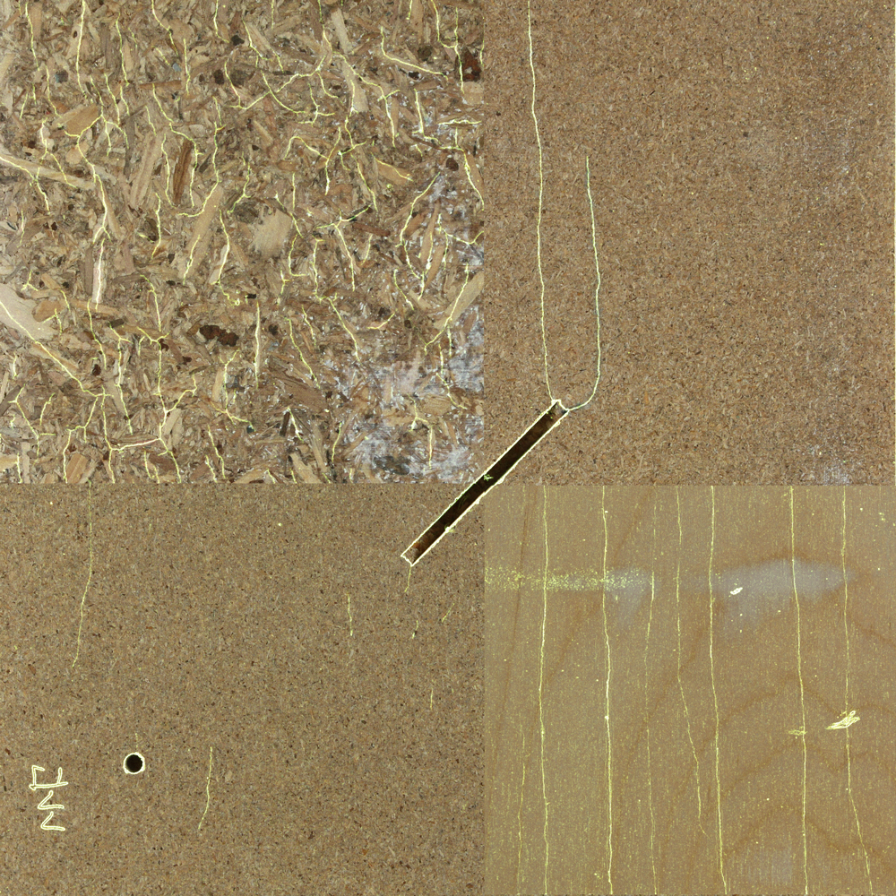 Image montage of four square photographs which have been assembled to form a large square. Pale, irregular lines and isolated point-like fragments can be seen on the brownish wood-based material surfaces. In addition, a dark structure can be seen, once in the form of a line (groove) and once in the form of a circle (borehole). 