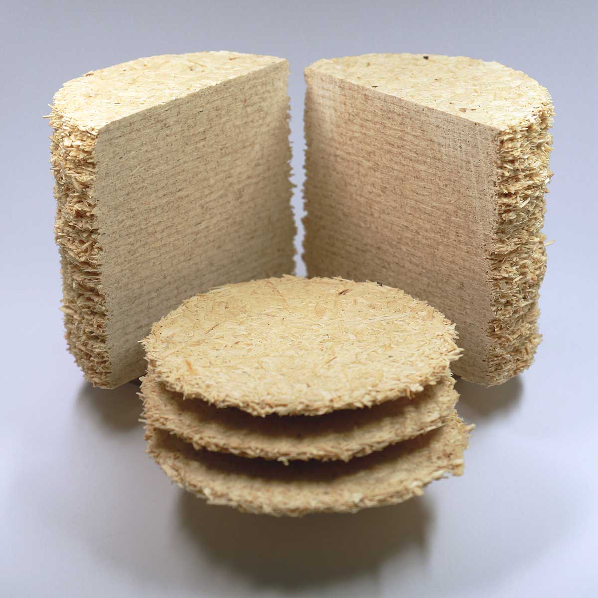 In the background, two halves of a cylindrical test specimen can be seen which was produced from wood chips by means of additive manufacturing. On the cut surface, the layers can be recognized. In the foreground are three circular layers which were used to produce the cylinder.