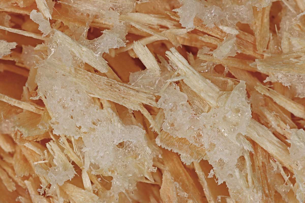 The microscope image shows wood fibers bonded together by a whitish-transparent, crystal-like mass.