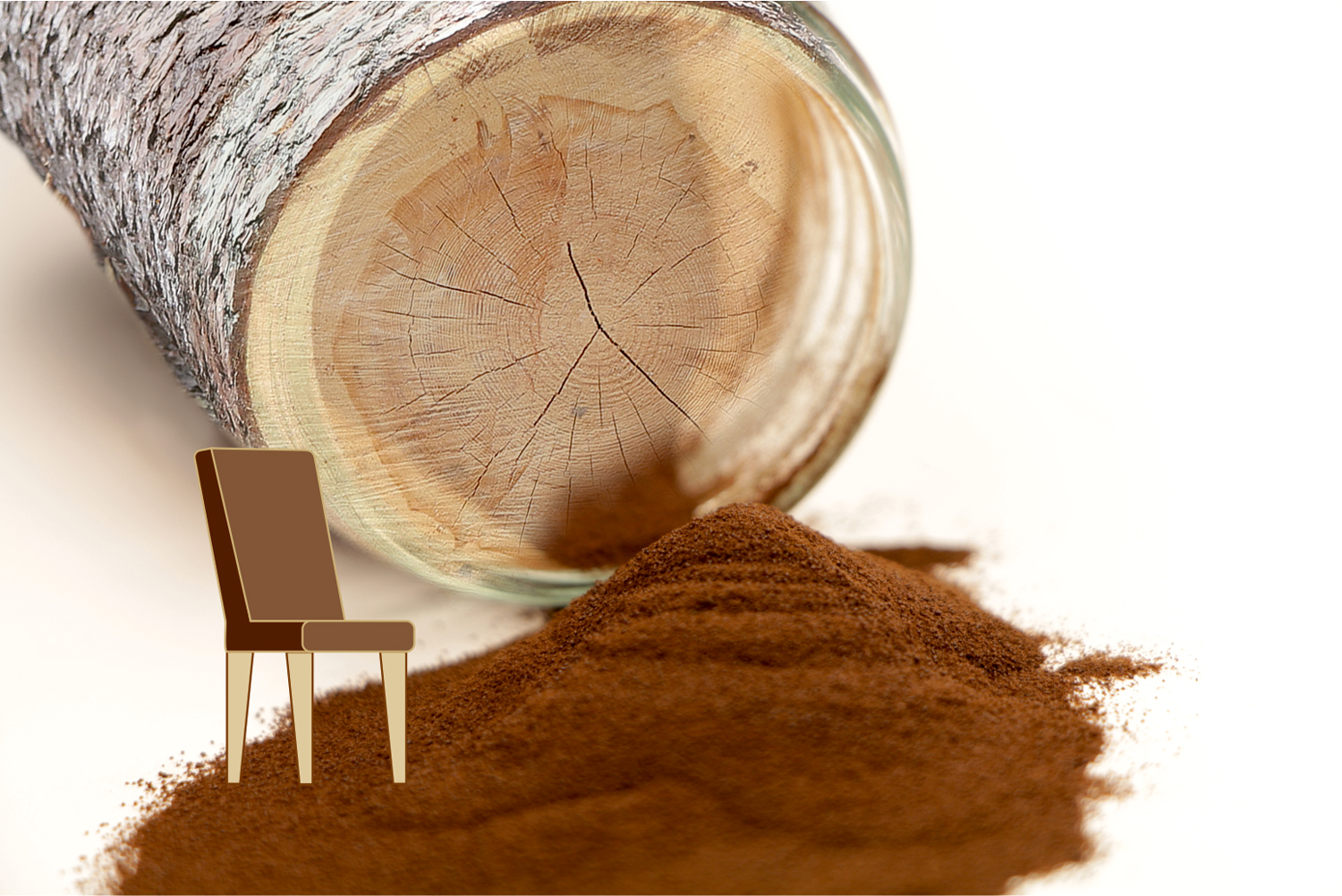 The photomontage shows a tree trunk, a mound of brown lignin powder and the symbolic, graphic representation of a chair.