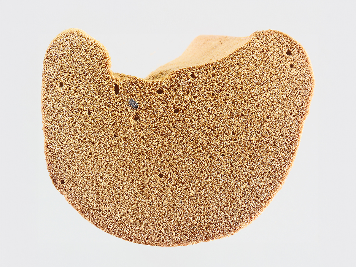 Foam made from lignin sulfonate The photo shows a piece of irregularly shaped, caramel-brown foam, a few centimeters in size, with fine, slightly irregular pores and a smooth surface.